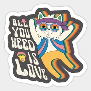 Rainbow Retro All You Need Is Love -Funny Hippie Cat Sticker